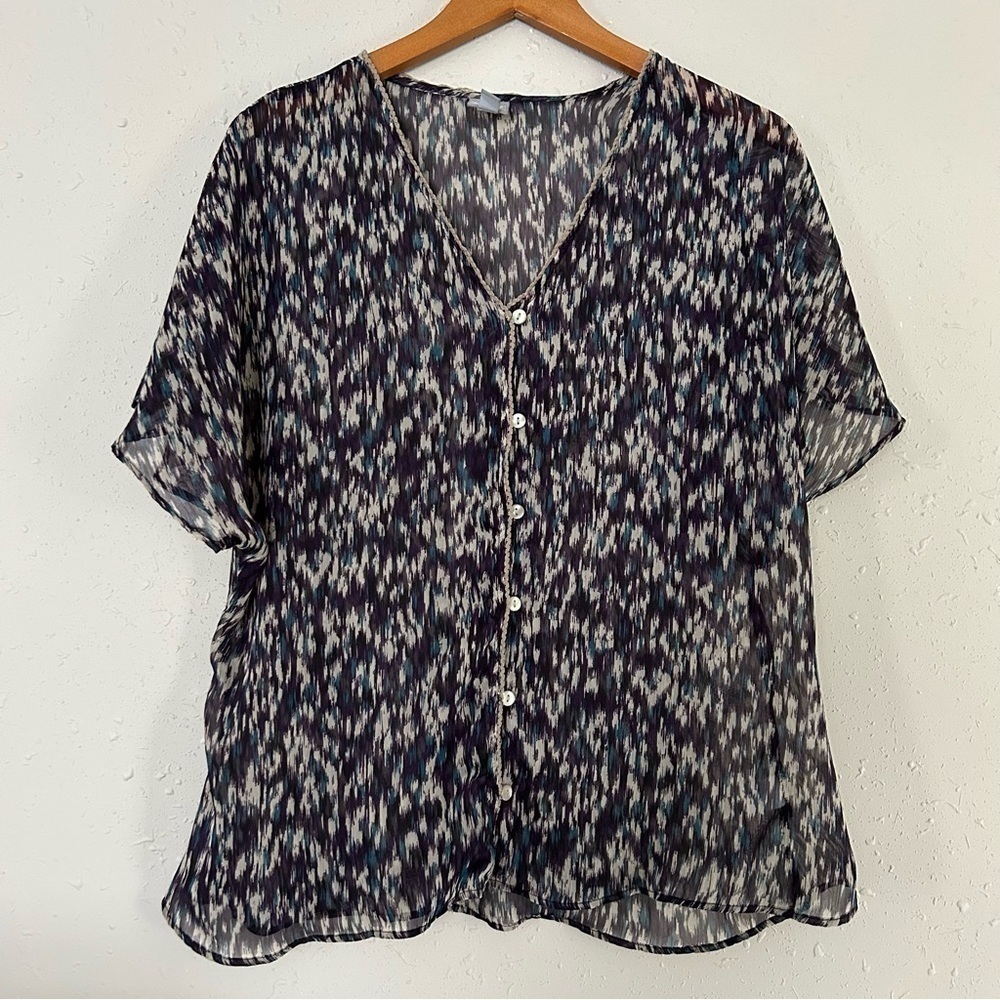 🦋 Converse One Star Purple Cream Button Down Short Sleeve Sheer Blouse Medium